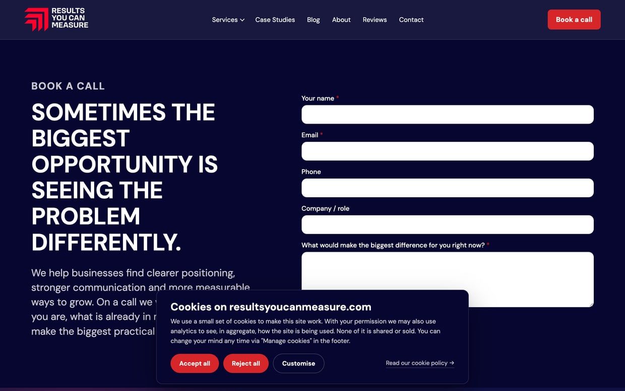 The new contact form on the live site, viewed on a desktop browser. The form sits in the right-hand column of a two-column hero.