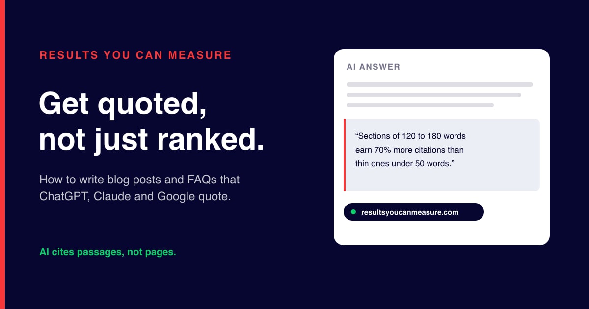 A mock AI answer with one passage highlighted and cited back to resultsyoucanmeasure.com