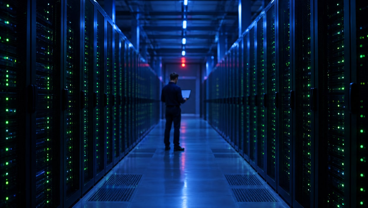 An engineer holding a laptop in a long data centre aisle lit in deep blue, with green status lights on server racks either side