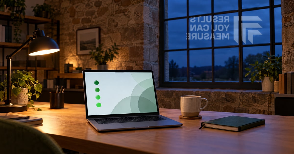 A laptop showing green status lights on a desk in a stone-walled office at dusk, with the Results You Can Measure logo reflected back to front in the window
