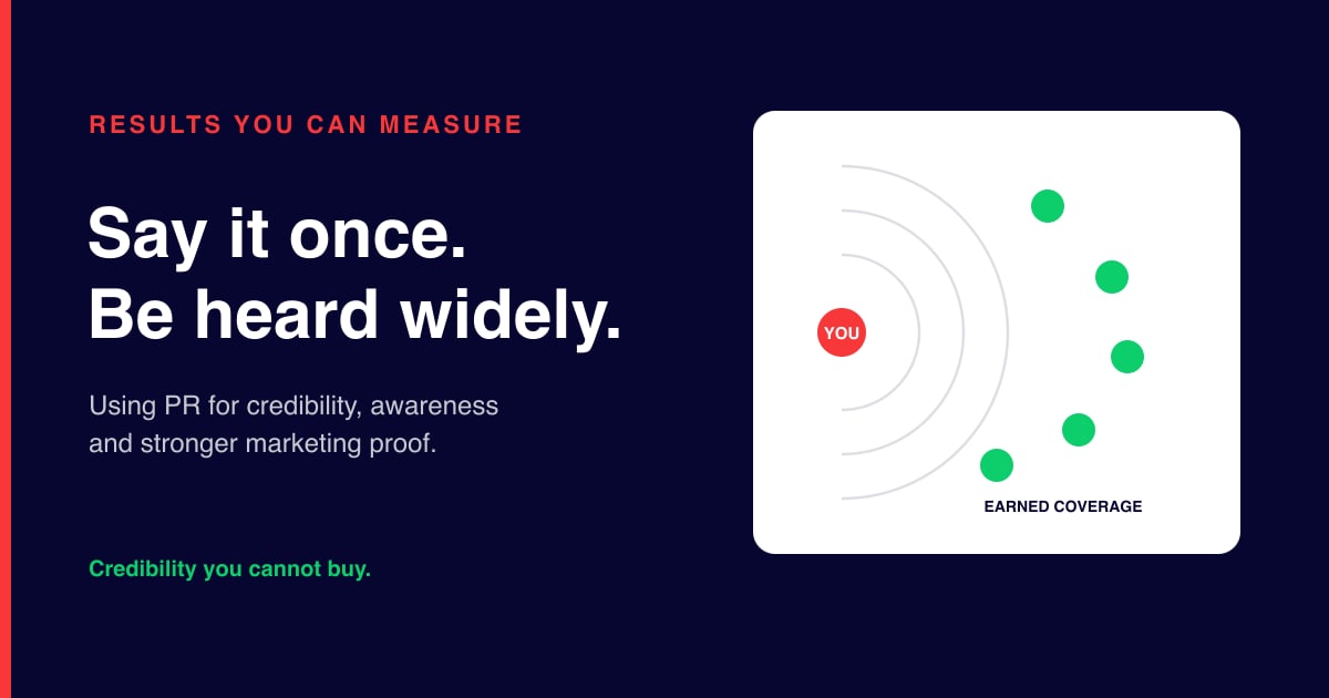 Broadcast waves radiating from a single red source out to five green earned coverage outlets