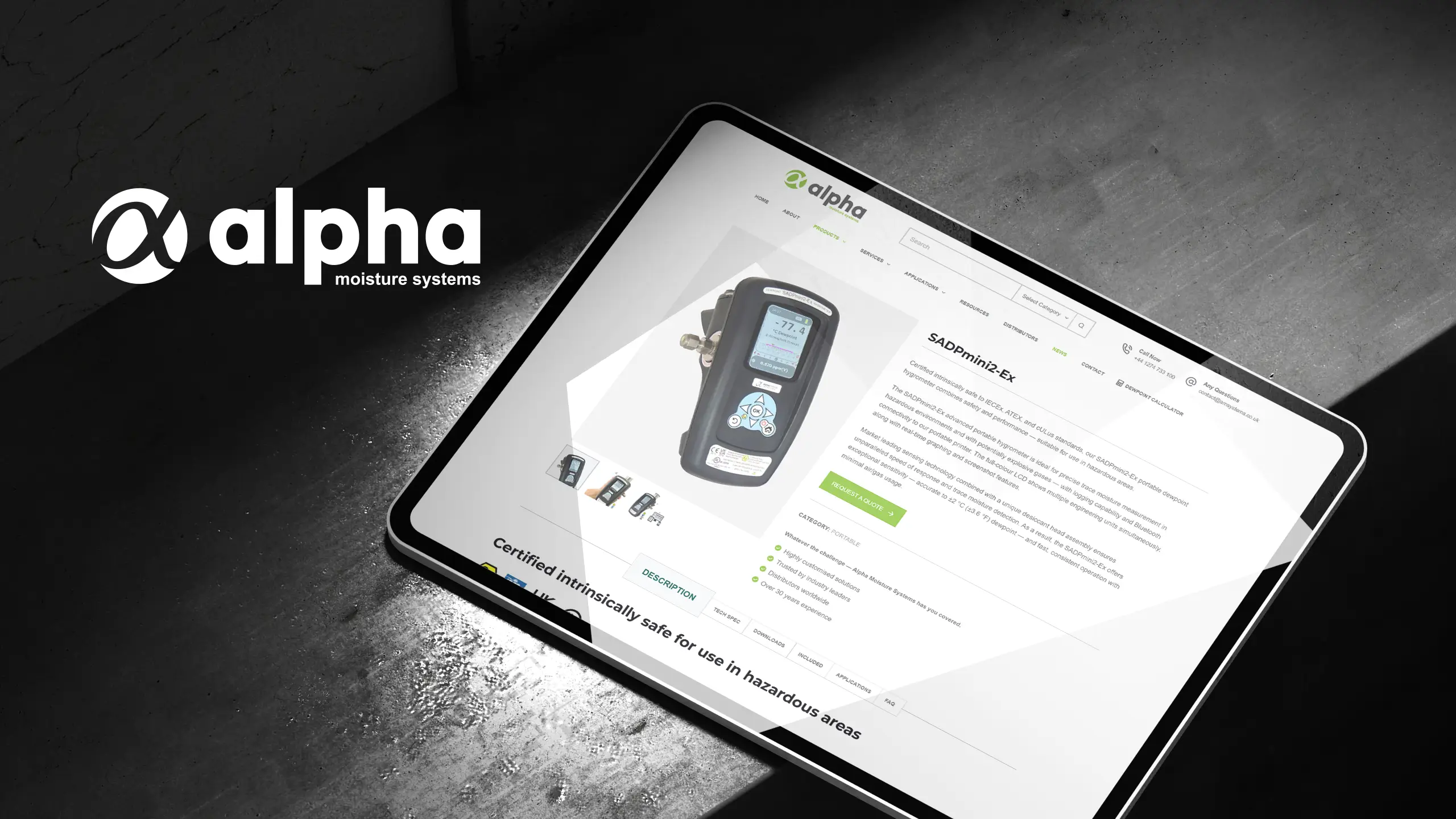Alpha Moisture Systems product page shown on a tablet with brand mark