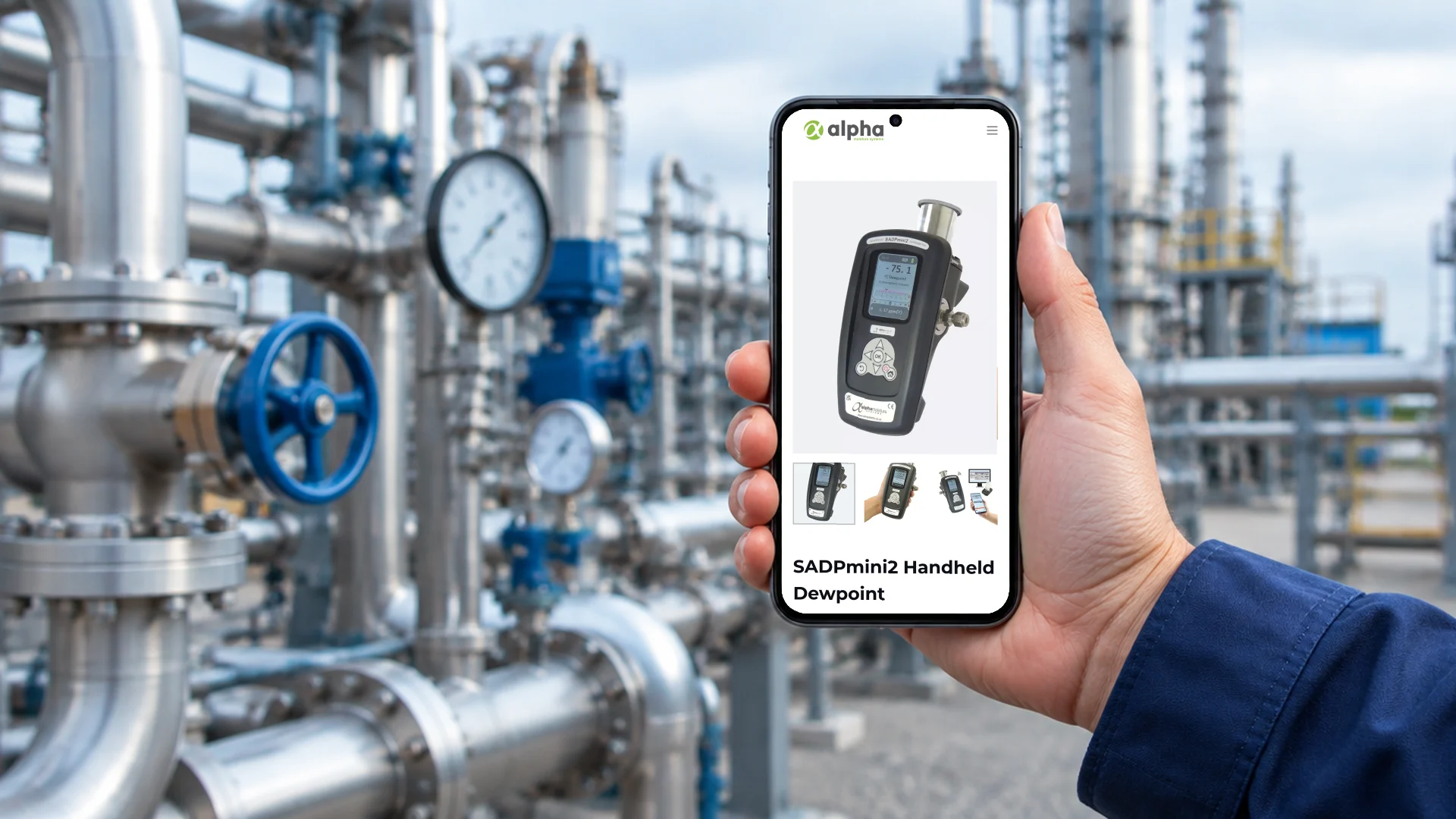 A hand in a workwear sleeve holding a phone at a gas processing plant, showing the Alpha SADPmini2 handheld dewpoint product page