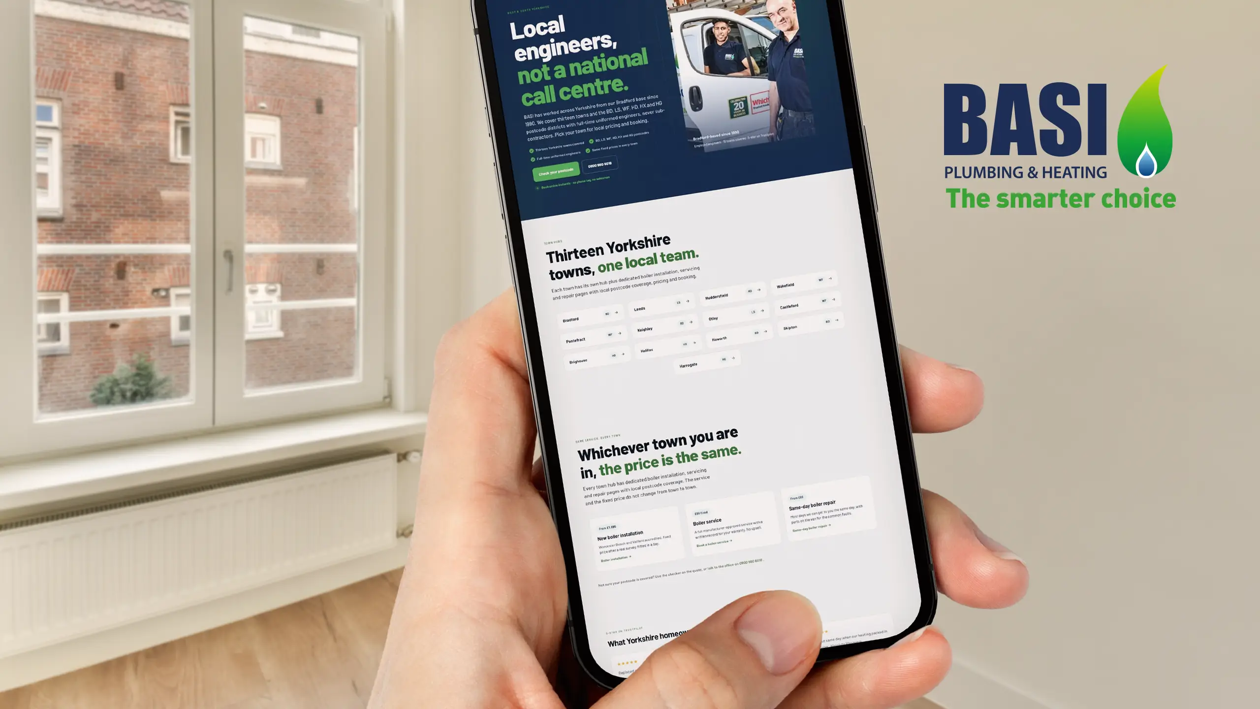 BASI Heating location page on mobile listing thirteen Yorkshire towns, each with its own locally written page