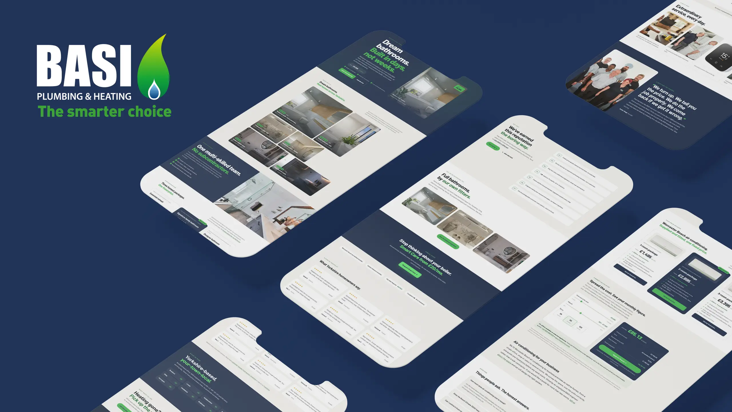 BASI Heating booking and self-service screens on mobile — pick a service, choose a slot, book online without a phone call
