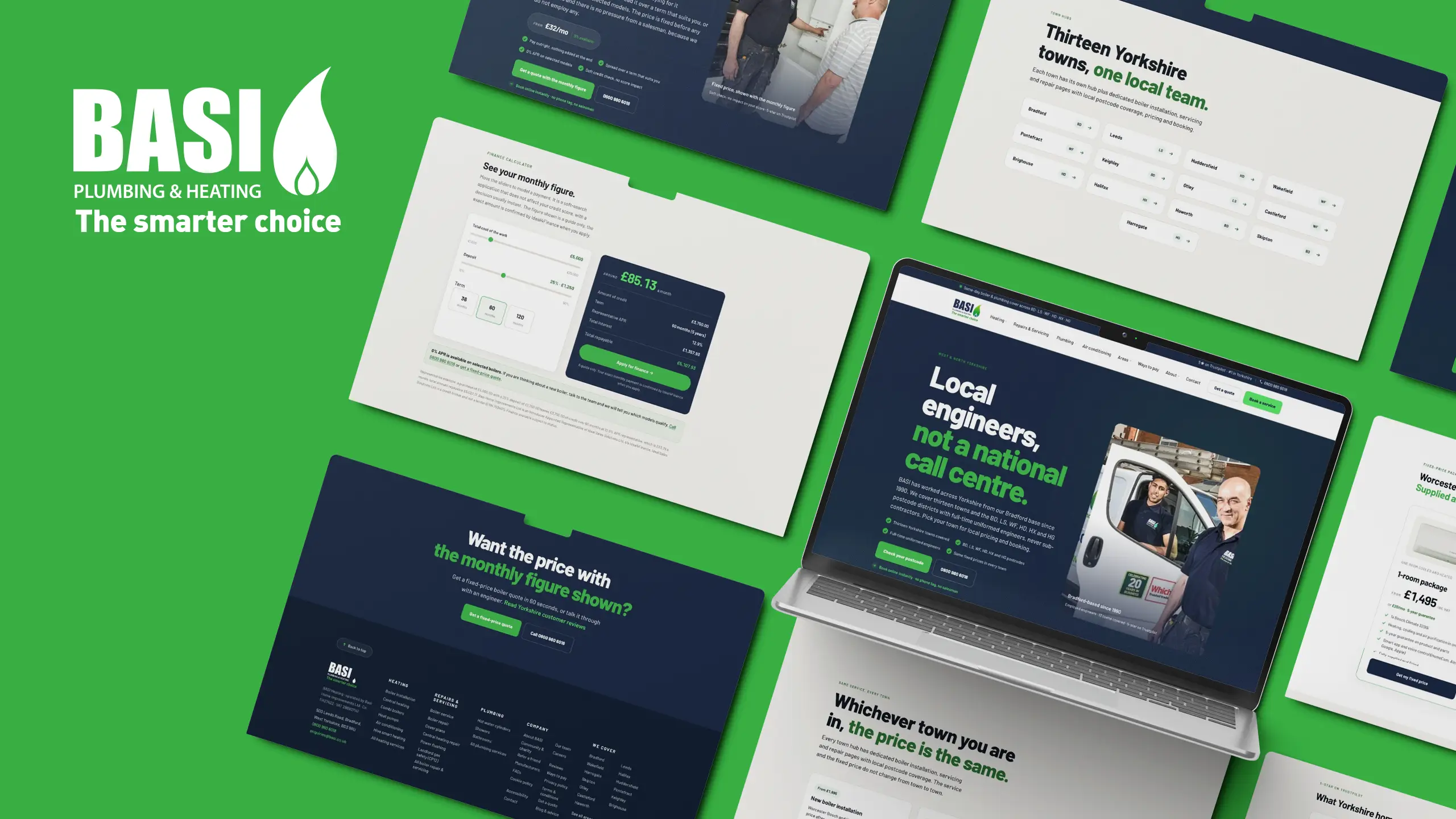 Montage of BASI Heating desktop pages — service pages, Yorkshire location pages and supporting content sharing one visual system