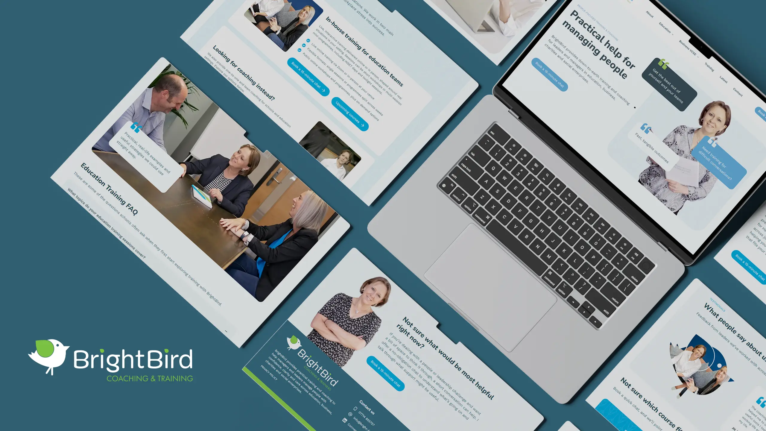 BrightBird website shown on mobile with headline 'Practical help for managing people'