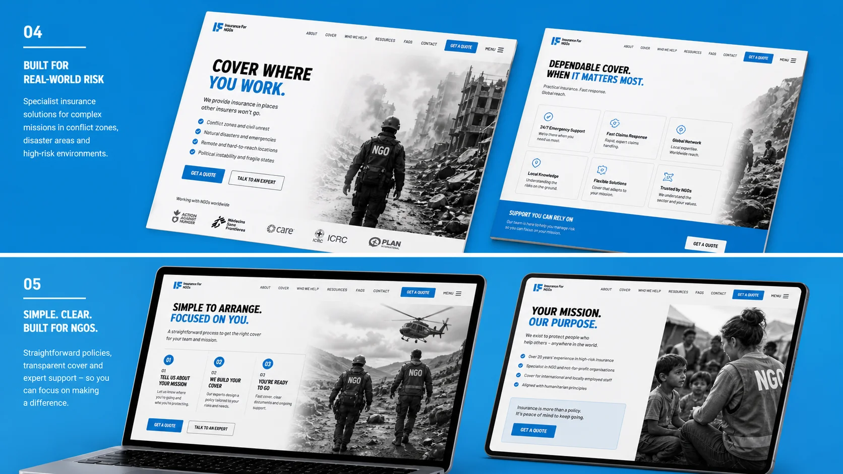 Insurance for NGOs policy and coverage detail pages showing the three product routes