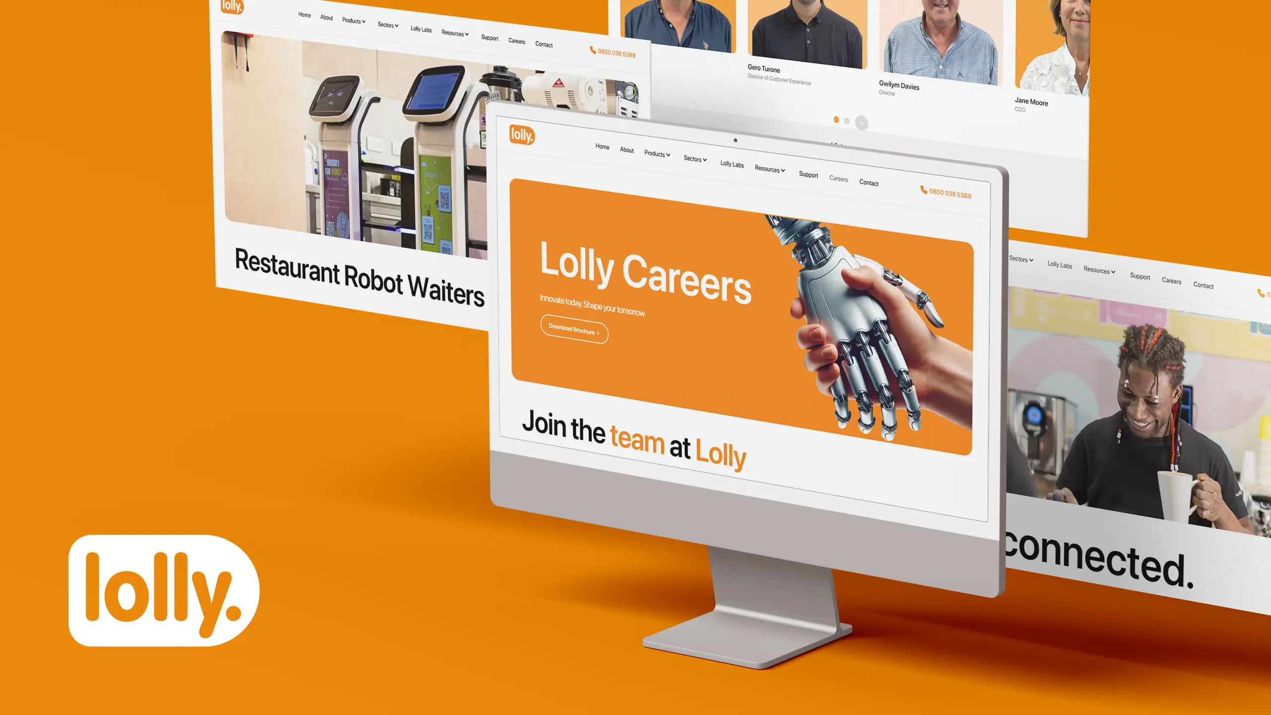 Lolly robot waiters product page and Careers section shown on iMac